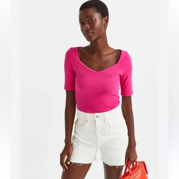 H&M Ribbed Stretch Short Sleeve Tee Hot Pink - Picture 1 of 6